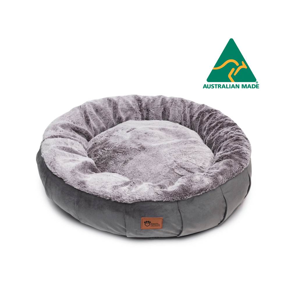Superior Harley Dog Bed - Grey Faux Rabbit Fur & Grey Velvet - Medium