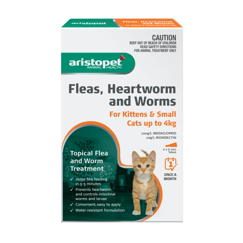 Aristopet Fleas, Heartworm and Worms Topical Treatment for Kittens and Small cats up to 4kg (6 pack)