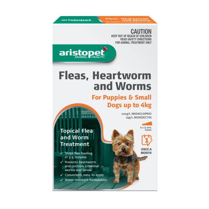 Aristopet Fleas, Heartworm and Worms Topical Treatment for Puppies and Small Dogs Up to 4kg (6 pack)
